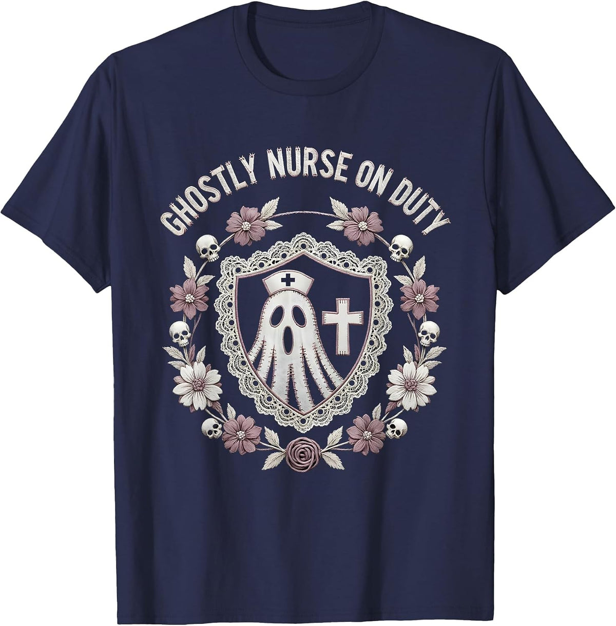 Ghostly Nurse On Duty Halloween LPN Design T-Shirt - Navy Blue