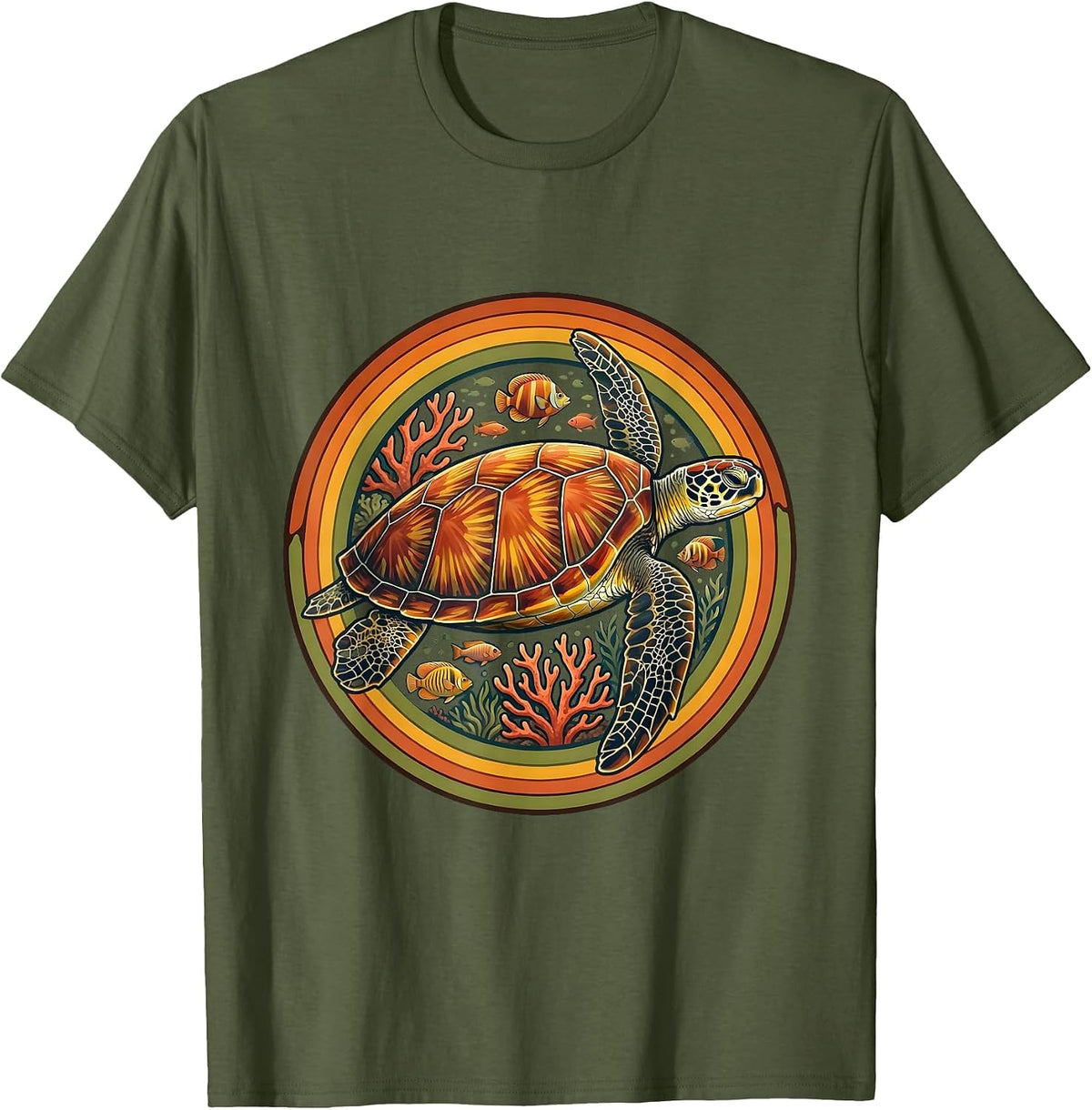 Hawaii Sea Turtle Coral Reef Illustration T-Shirt - Olive Green