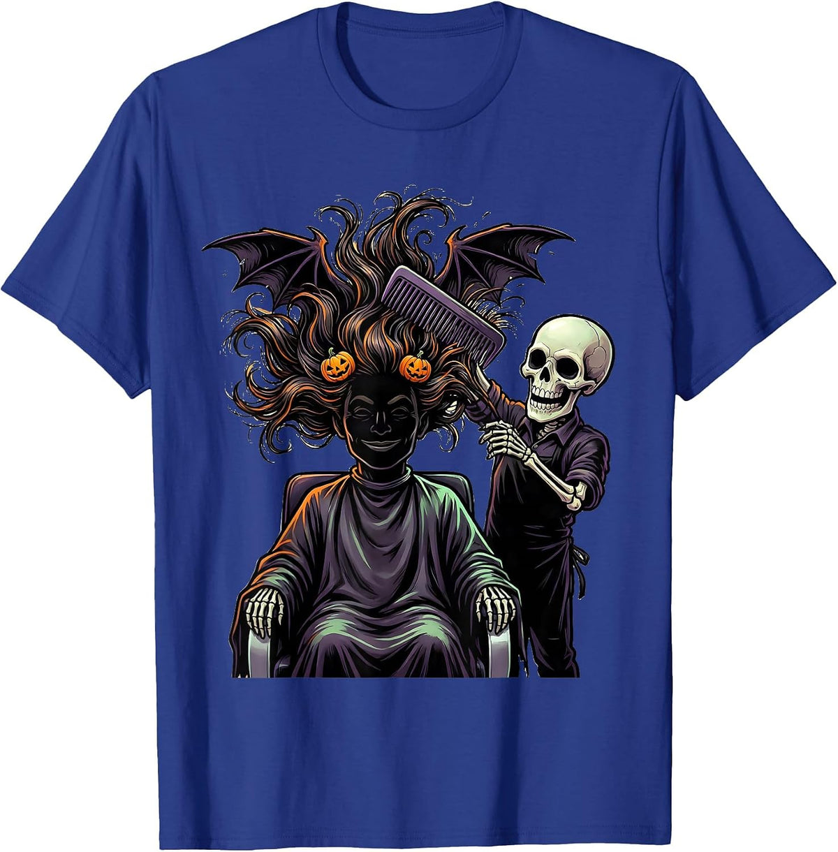 Men's Cartoon Skeleton Hairstylist Halloween Hairdresser Barber T-Shirt - Royal Blue