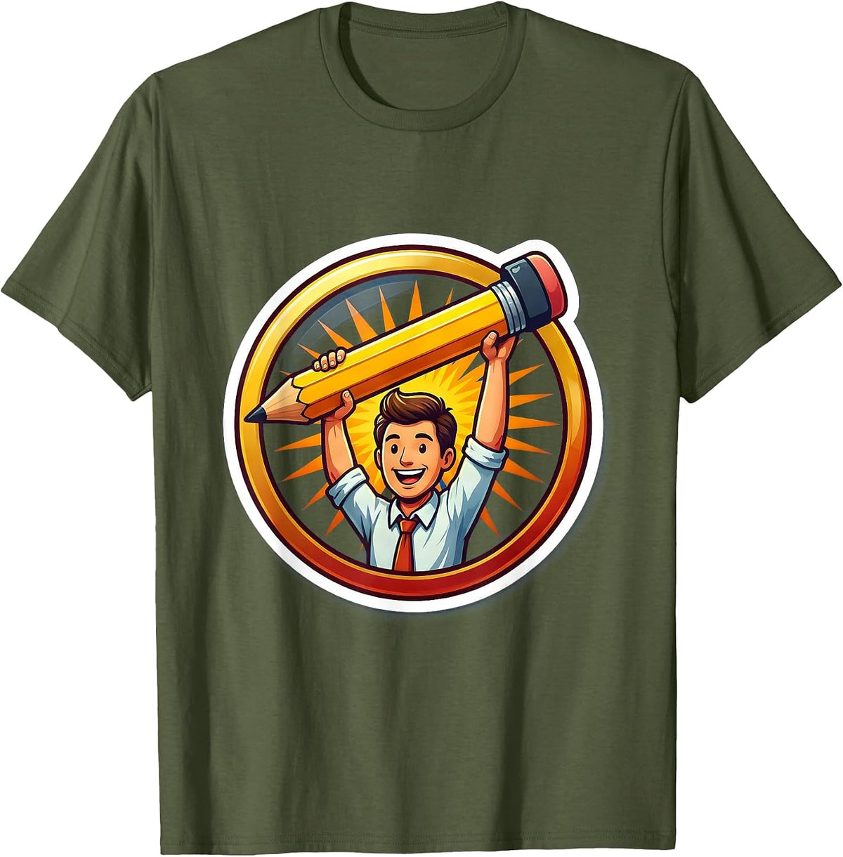 Men's Special Education Teacher Trophy Pencil Illustration T-Shirt - Olive Green