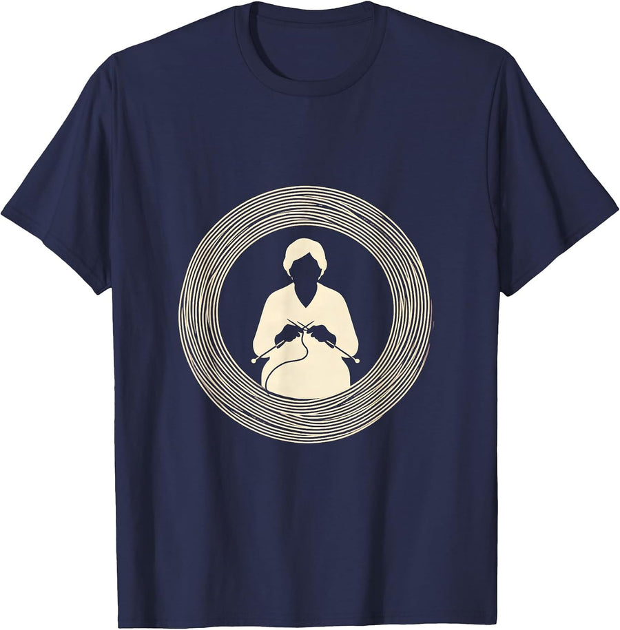 Grandma Knitting Swirling Words Illustration T-Shirt - Navy Blue