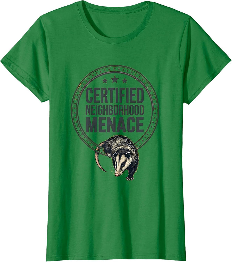 Women's Certified Neighborhood Menace Funny Opossum Meme Animal T-Shirt - Kelly Green