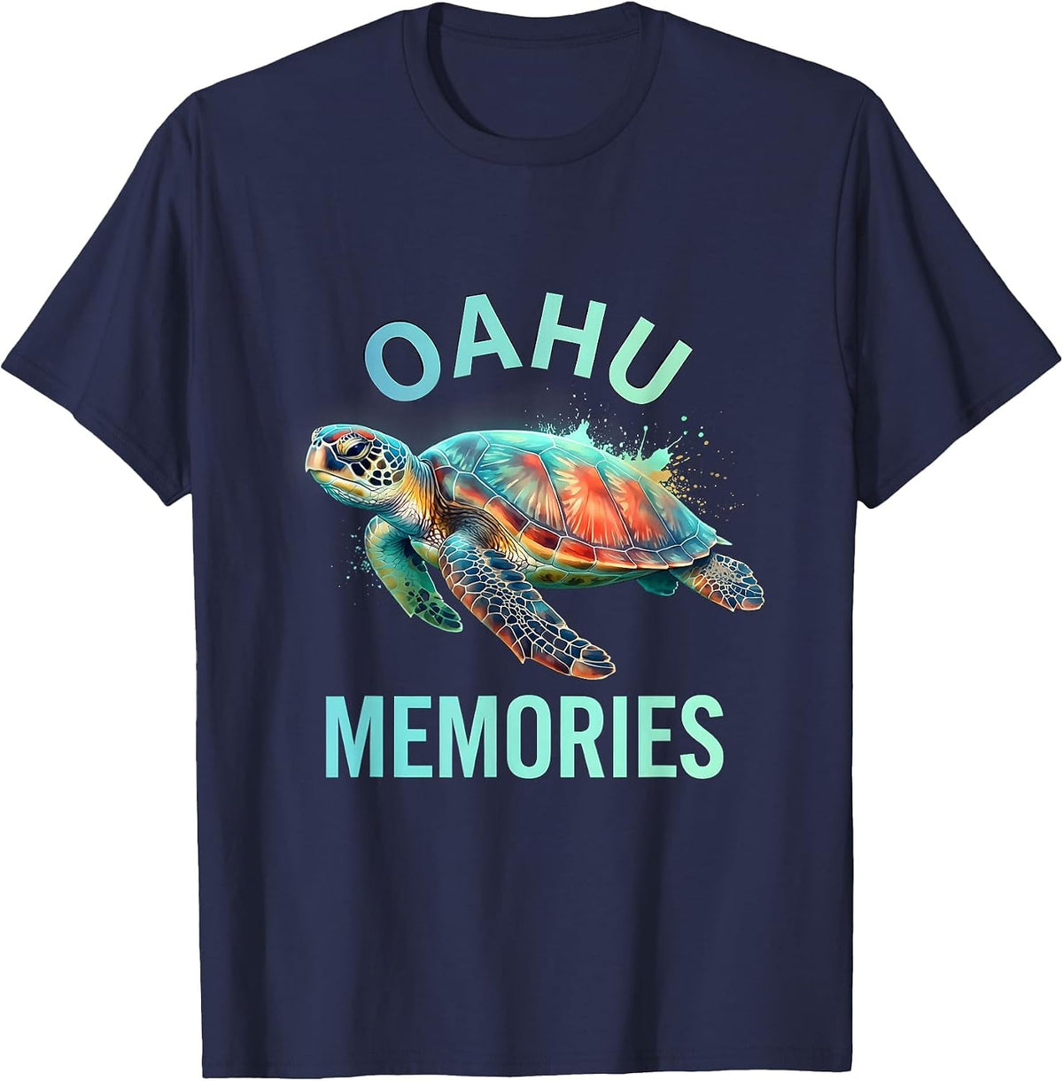 Oahu Memories Watercolor Sea Turtle Design T-Shirt - Navy Blue