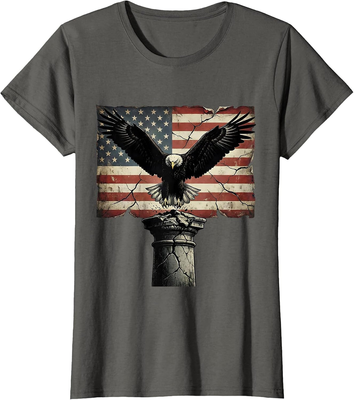 Women's Eagle Landing on Cracked Stone Pedestal Design T-Shirt - Asphalt Grey