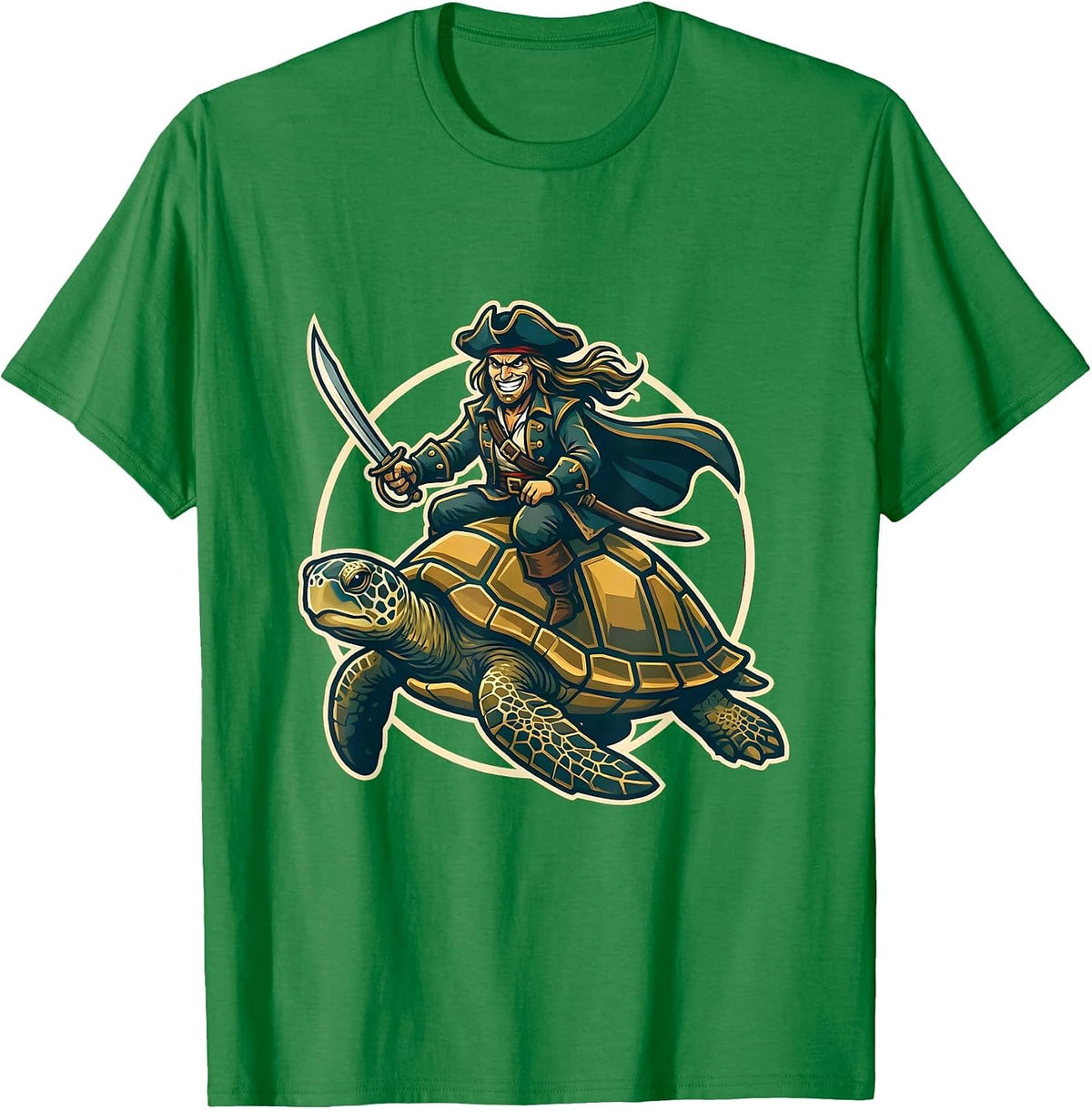 Men's Pirate Riding Giant Sea Turtle Ocean Adventure T-Shirt - Kelly Green