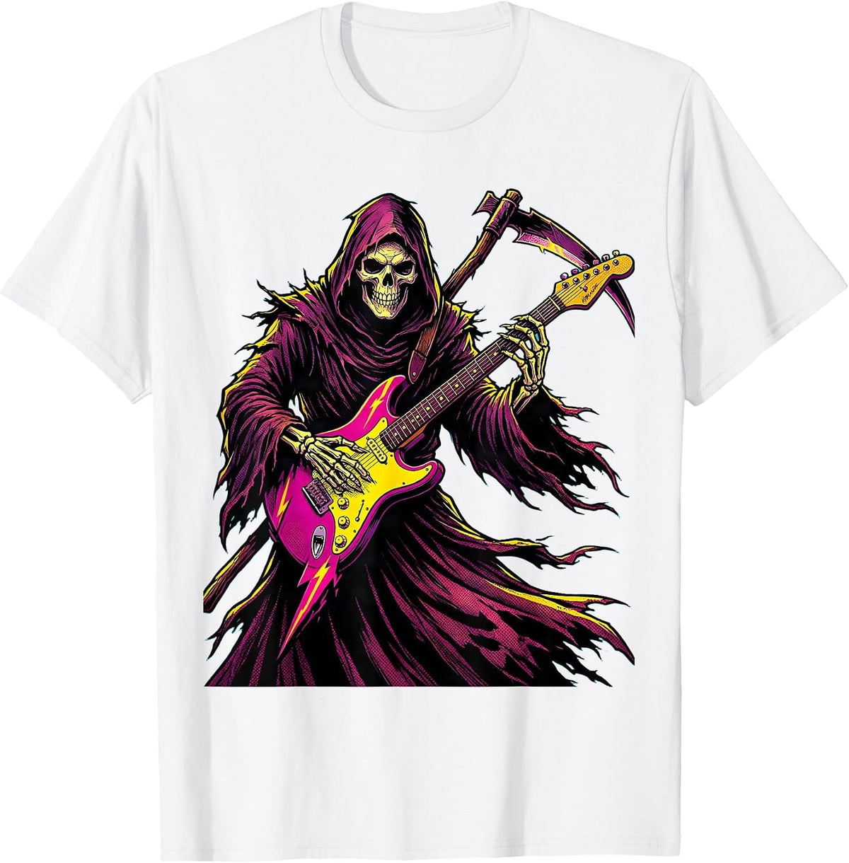 Men's Grim Reaper Electric Guitar Halloween Design T-Shirt - White
