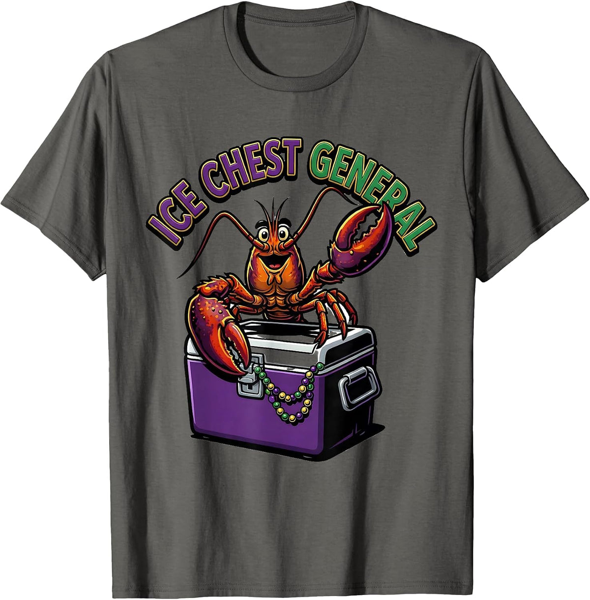 Ice Chest General Cartoon Crawfish Mardi Gras Carnival Humor T-Shirt - Asphalt Grey