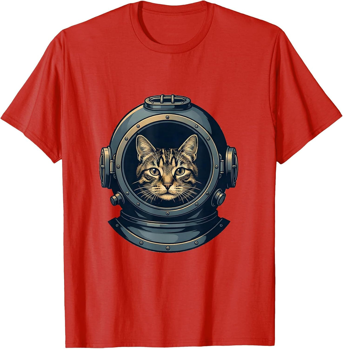 Men's Tabby Cat Deep Sea Diver Illustration T-Shirt - Red