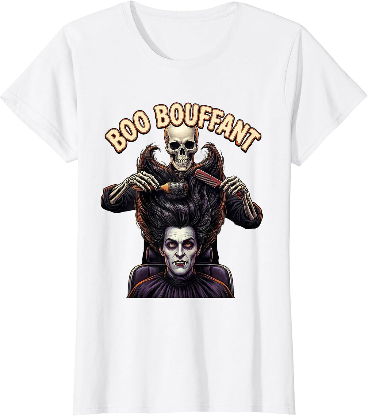 Boo Bouffant Horror Skeleton Hairstylist Halloween Humor T-Shirt - White
