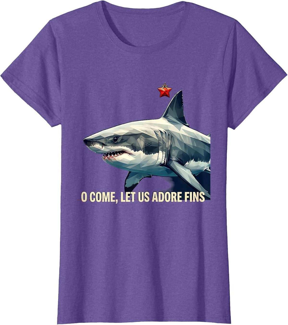 O Come, Let Us Adore Fins Funny Shark Christmas Pun Humor T-Shirt - Purple Heather