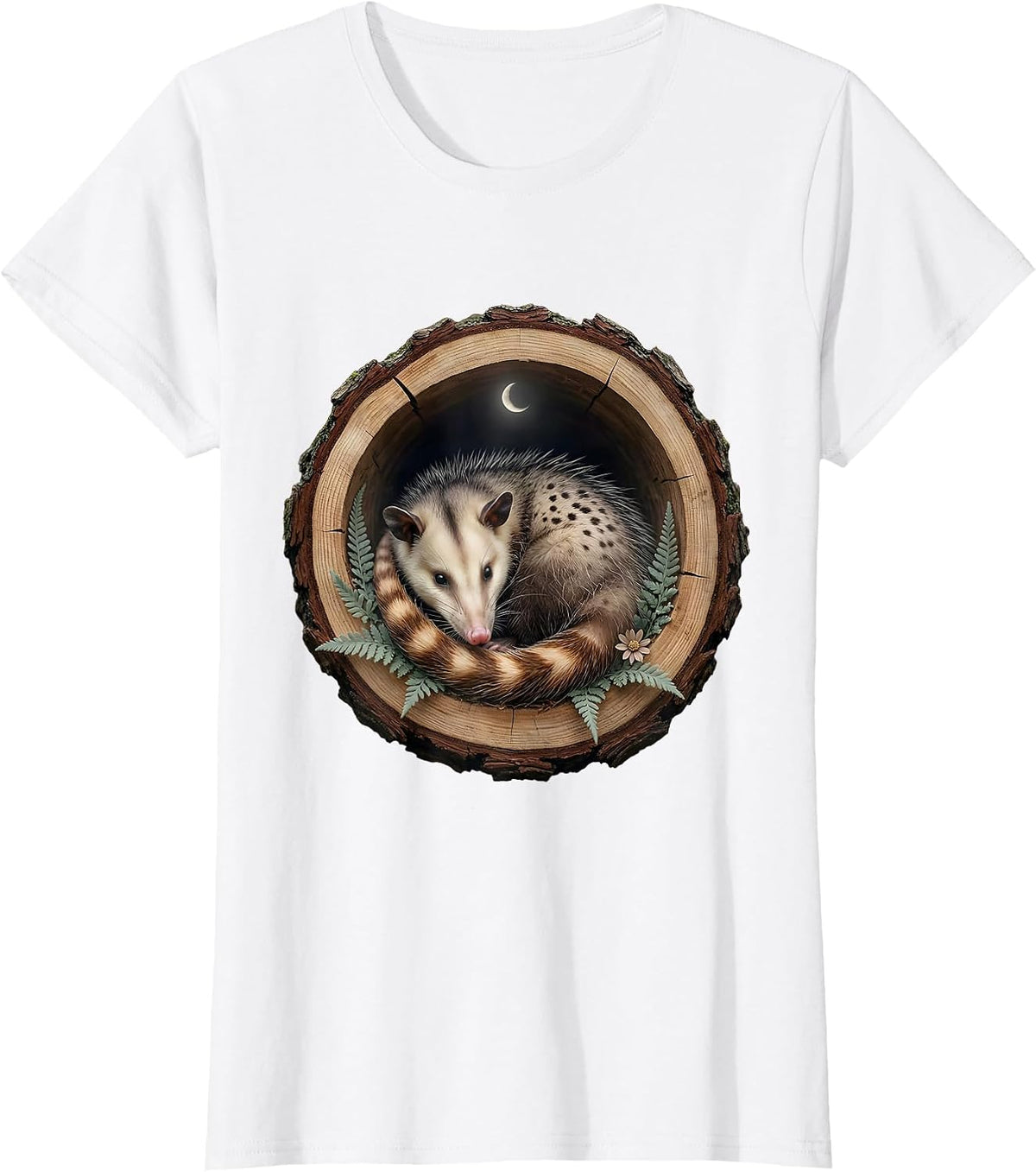 Opossum Curled in Hollow Log Graphic T-Shirt - White