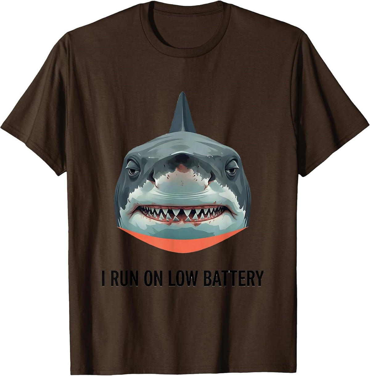 I Run On Low Battery Funny Shark Lover Ocean Animal Humor T-Shirt - Brown