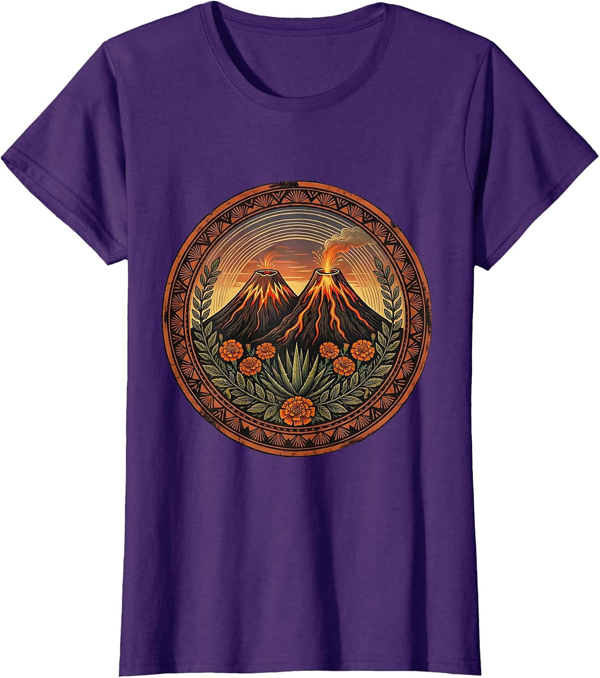 Women's Mexican Volcanoes Glowing Lava Dusk Illustration T-Shirt - Purple