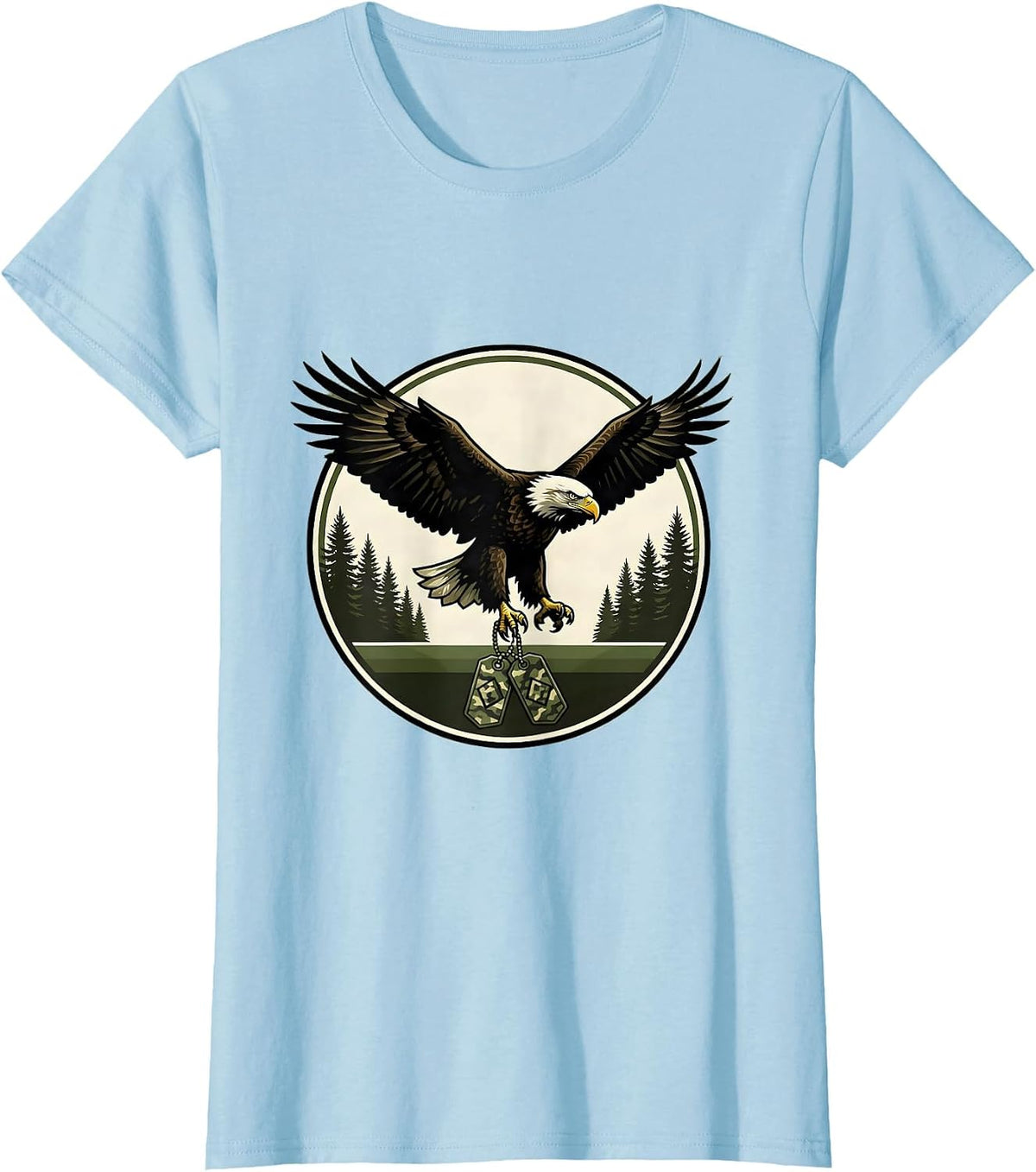 Women's Kids Camo Eagle Dog Tags Patriotic Graphic T-Shirt - Baby Blue