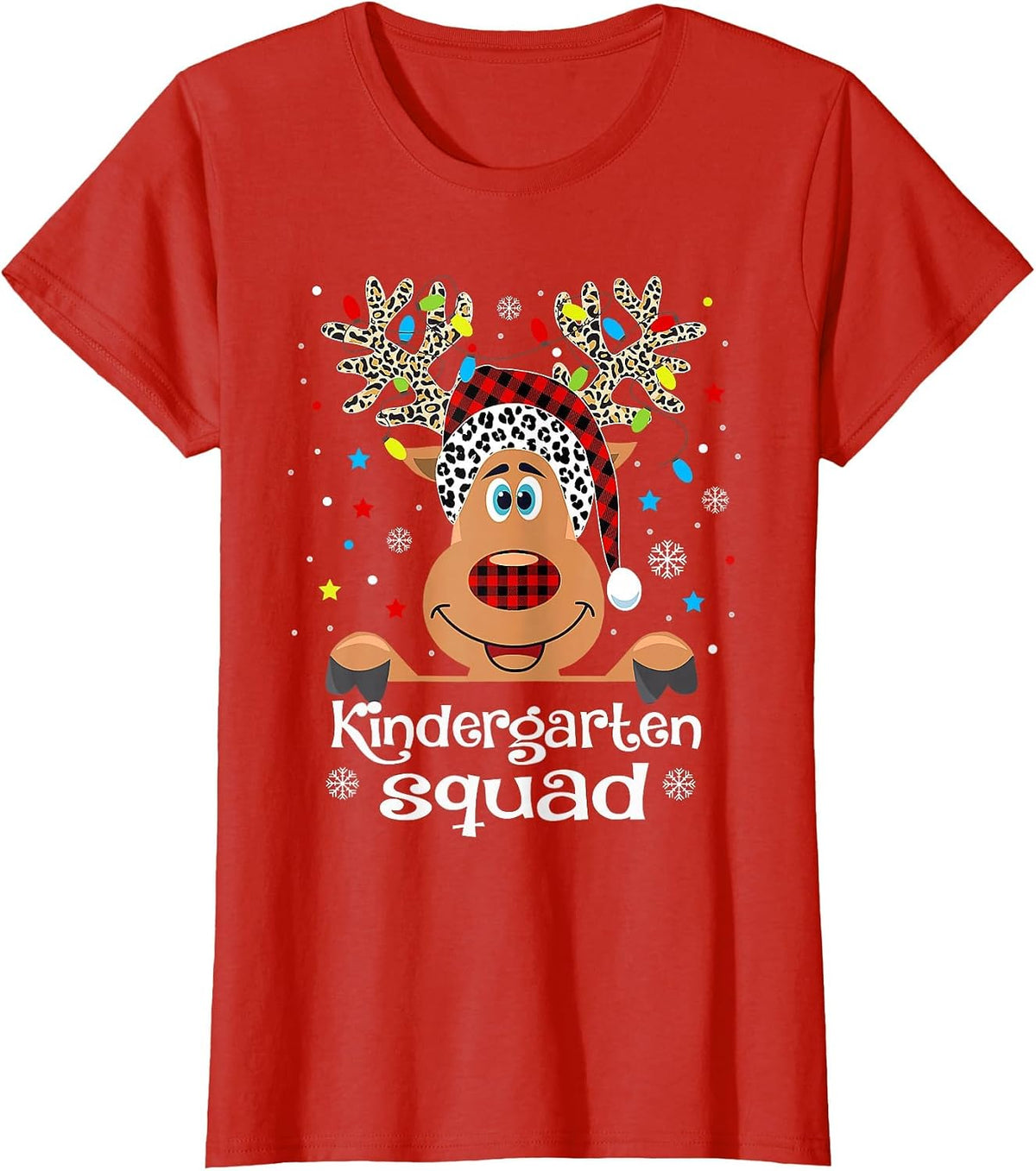Kindergarten Squad Plaid Reindeer Santa Hat Teacher T-Shirt - Red