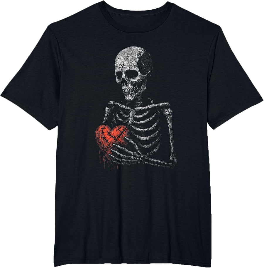 Skeleton Skull Broken Heart Macabre Love Goth Alt Punk Bones T-Shirt - Black