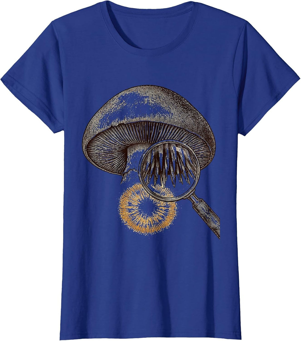 Women's Oversized Hedgehog Mushroom Crosshatch Etching Mycology T-Shirt - Royal Blue