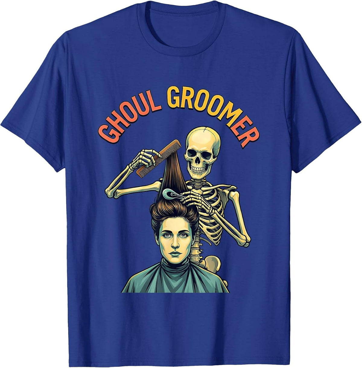 Men's Ghoul Groomer Funny Skeleton Hairstylist Halloween Barber T-Shirt - Royal Blue