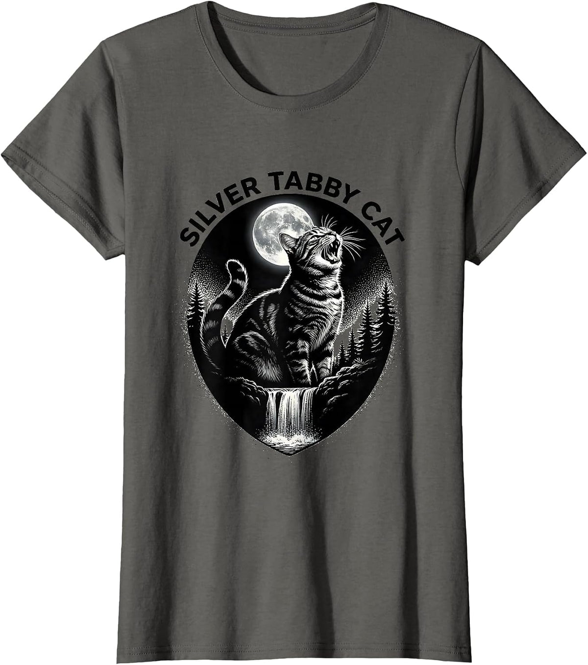 Women's Silver Tabby Cat Howling at Moon 90's Retro T-Shirt - Asphalt Grey