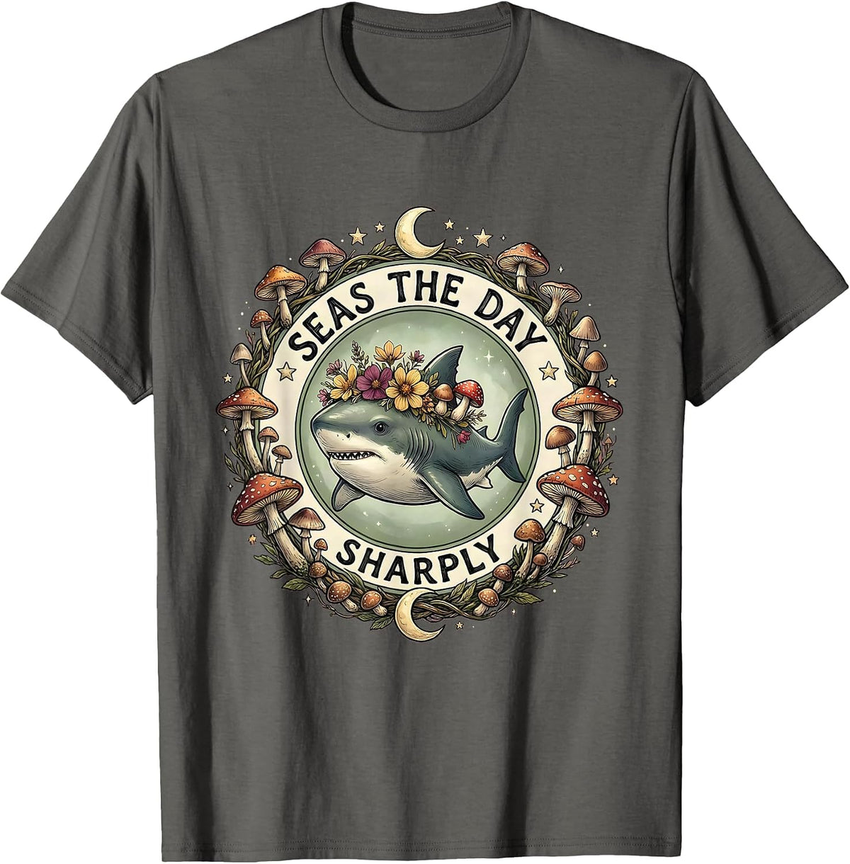 Seas the Day Sharply Shark Ocean Design T-Shirt - Asphalt Grey