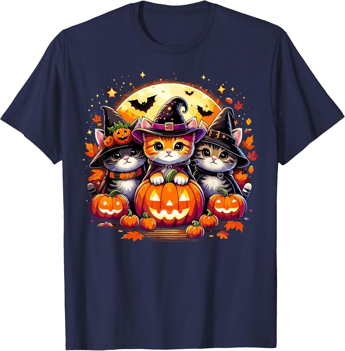 Halloween Cat Pumpkin Spooky T-Shirt - Navy Blue
