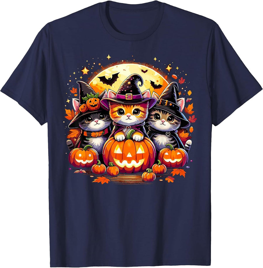 Halloween Cat Pumpkin Spooky T-Shirt - Navy Blue