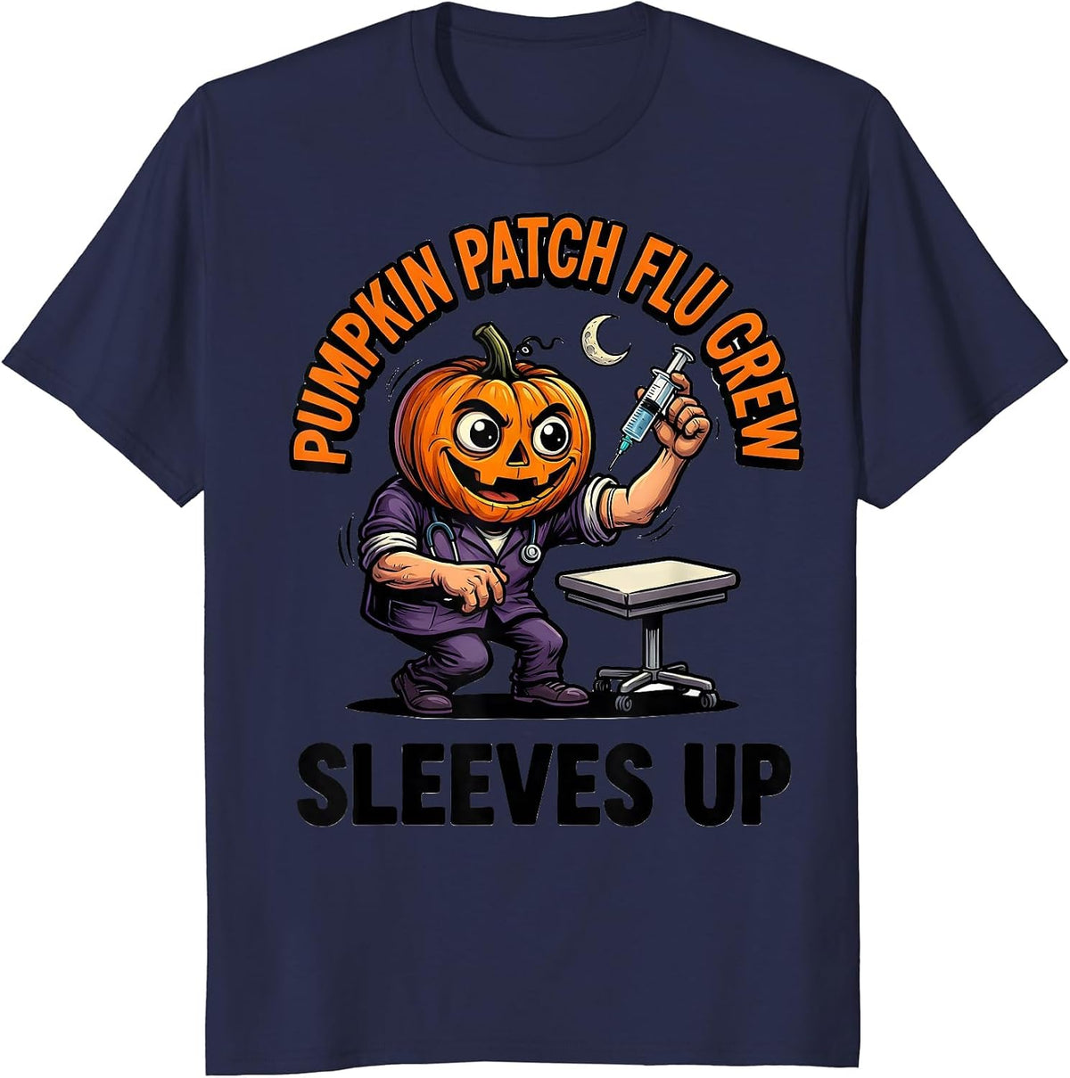 Pumpkin Patch Flu Crew Sleeves Up Funny Nurse Ghost T-Shirt - Navy Blue