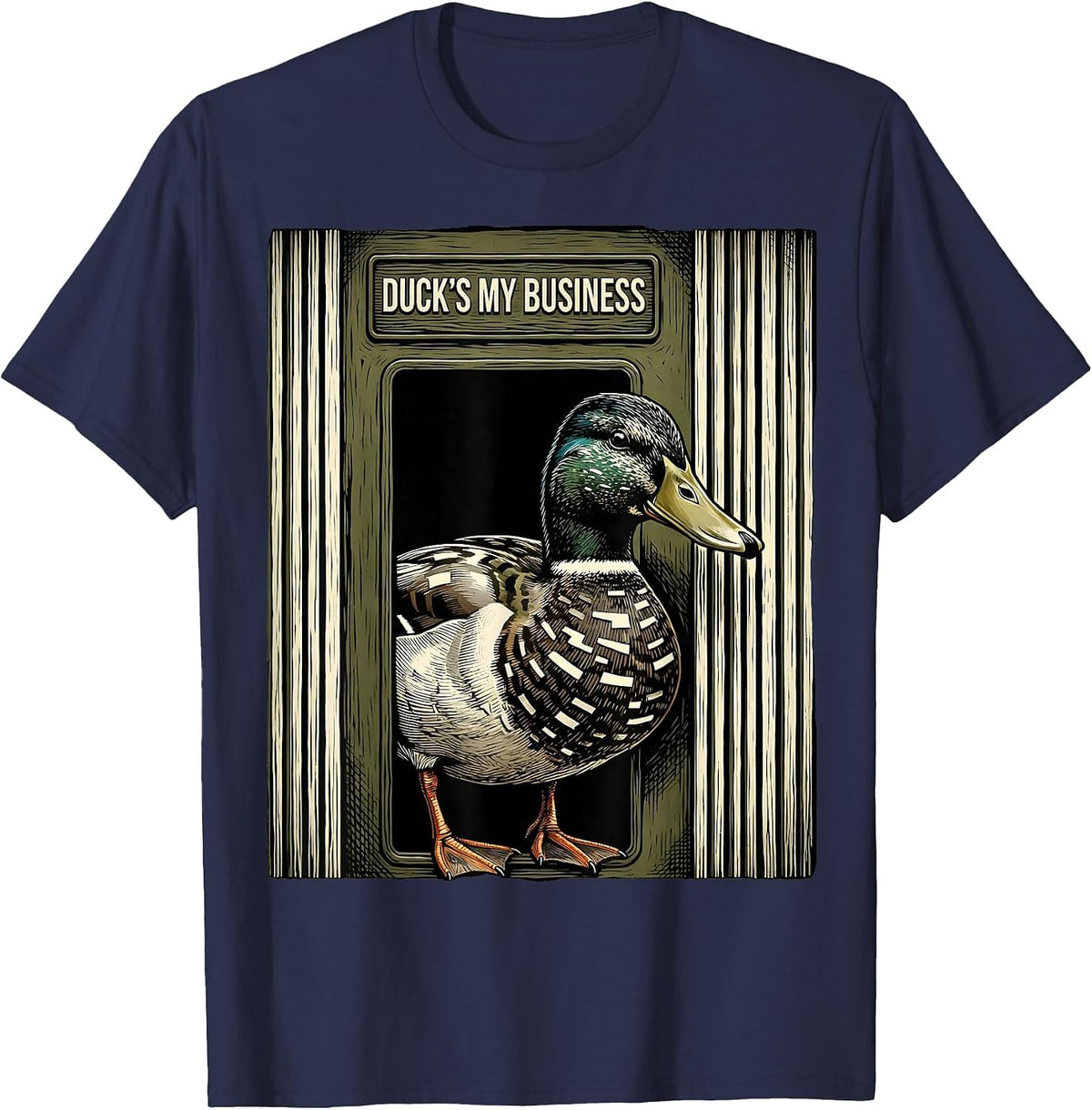 Duck's My Business Woodcut Engraving Funny Duck Hunting Camo T-Shirt - Navy Blue
