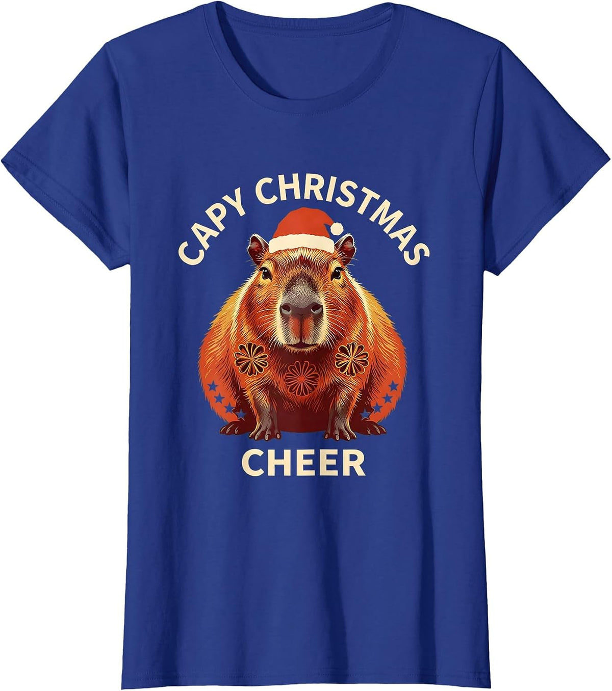 Women's Capy Christmas Cheer Folk Art Cute Capybara Santa Hat T-Shirt - Royal Blue