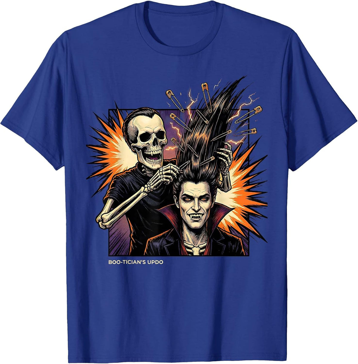 Men's Boo-Tician's Updo Comic Book Skeleton Hairstylist Halloween T-Shirt - Royal Blue