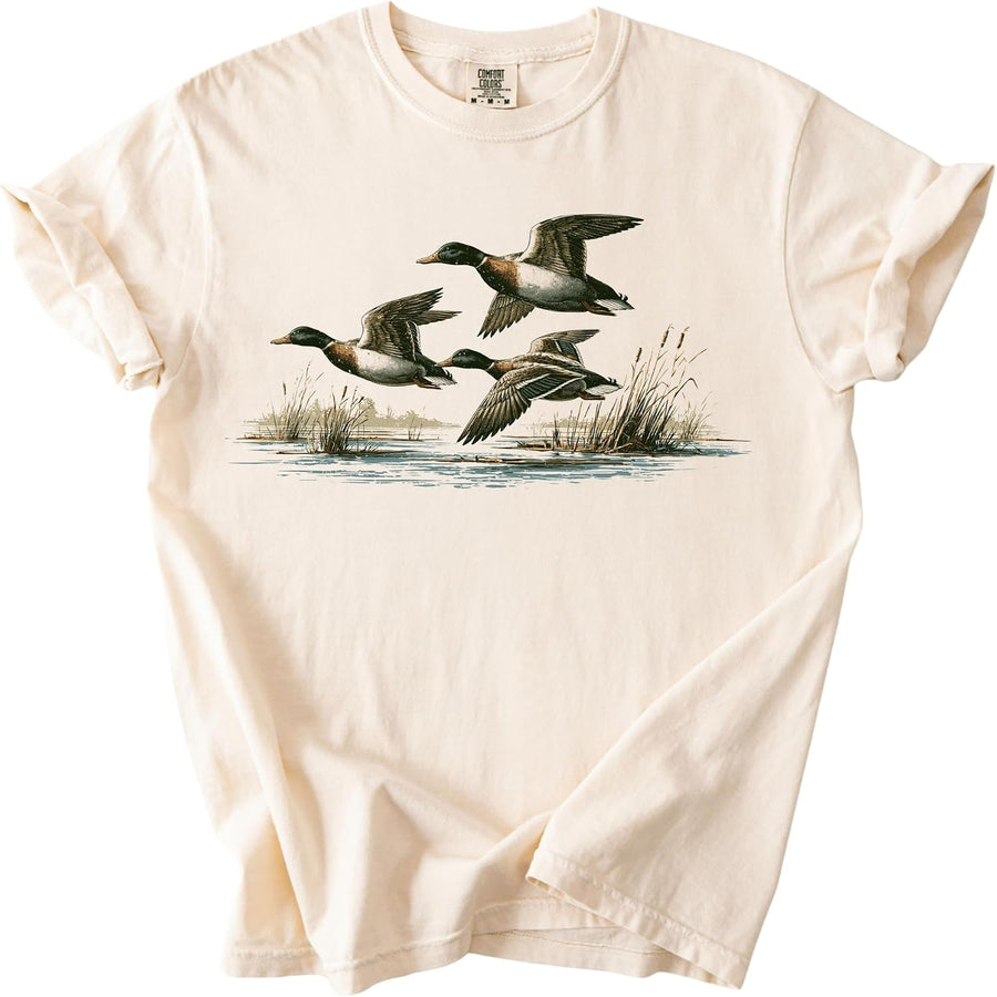 Flying Mallard Ducks Marsh Garment-Dyed Unisex Graphic T-Shirt - Ivory
