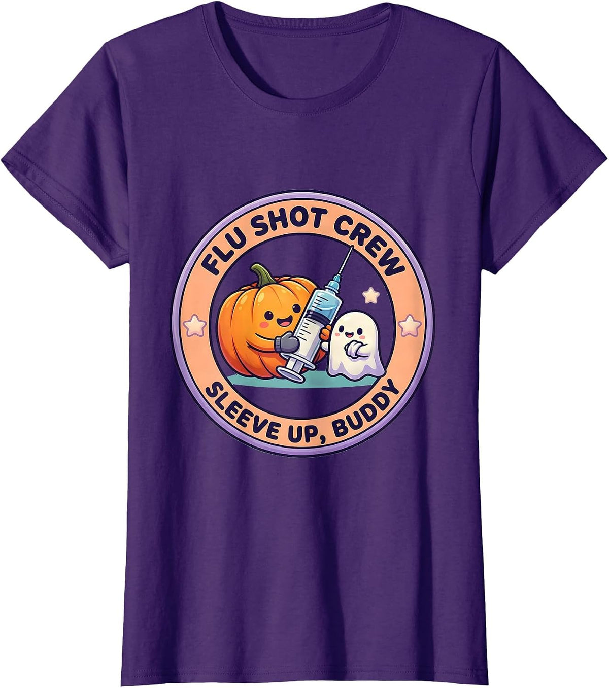 Women's Flu Shot Crew Sleeve Up Buddy Cute Kawaii Halloween Nurse T-Shirt - Purple