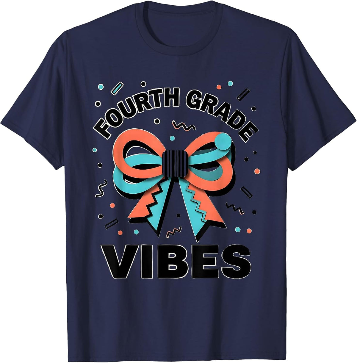 Fourth Grade Vibes Memphis Postmodern Coquette Bow Back T-Shirt - Navy Blue