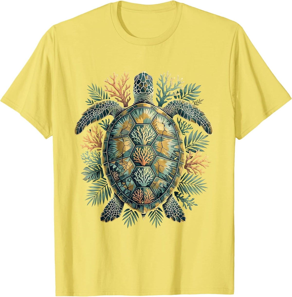 Men's Aloha Sea Turtle Coral Reef Graphic Tee T-Shirt - Lemon Yellow
