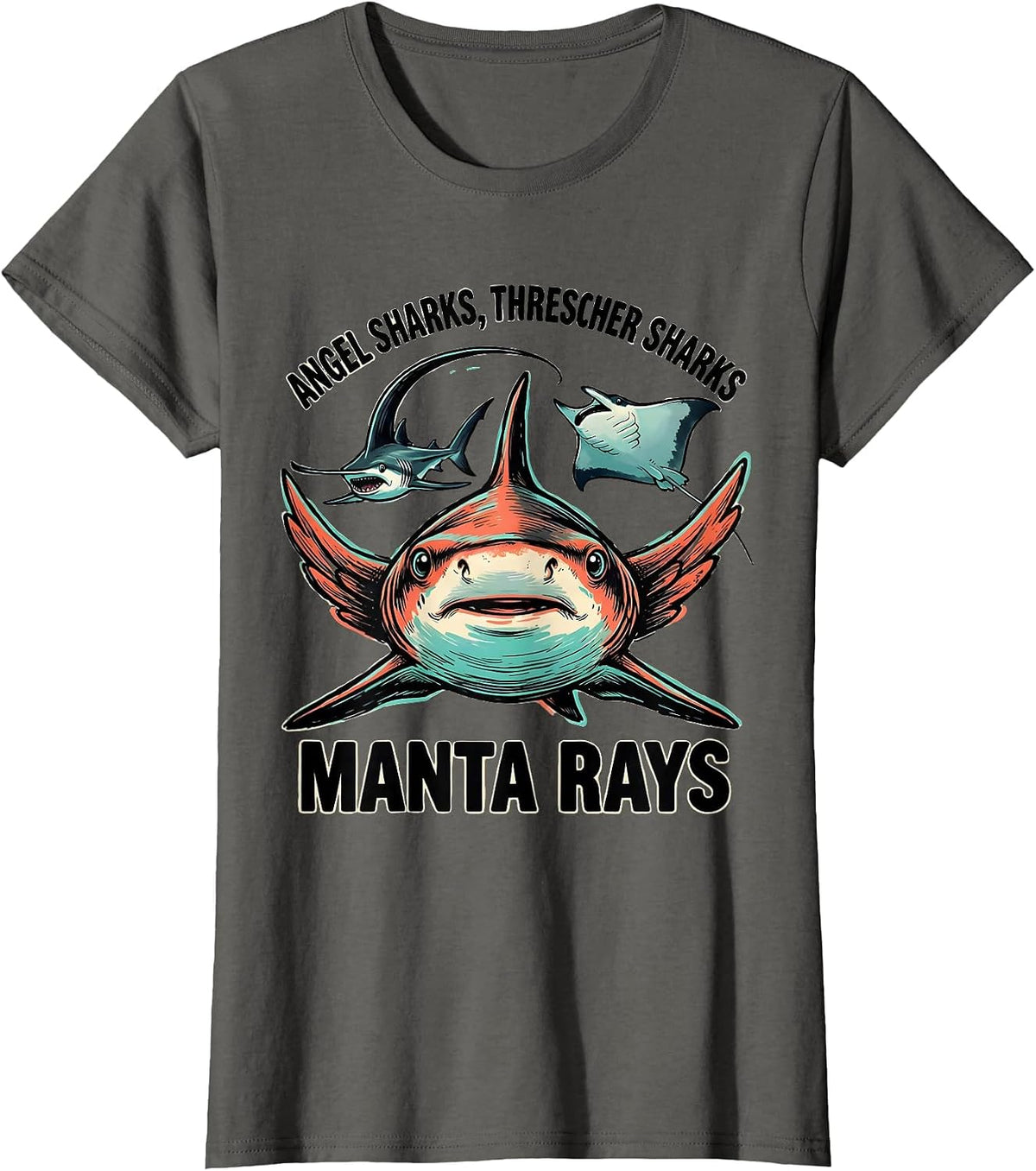 Women's Angel Sharks, Thresher Sharks, Manta Rays Marine Biology T-Shirt - Asphalt Grey