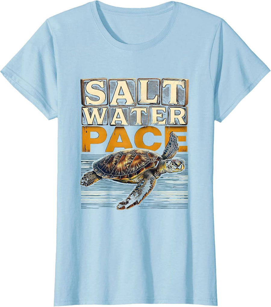 Women's Salt Water Pace Wood Type Letterpress Sea Turtle Souvenir T-Shirt - Baby Blue