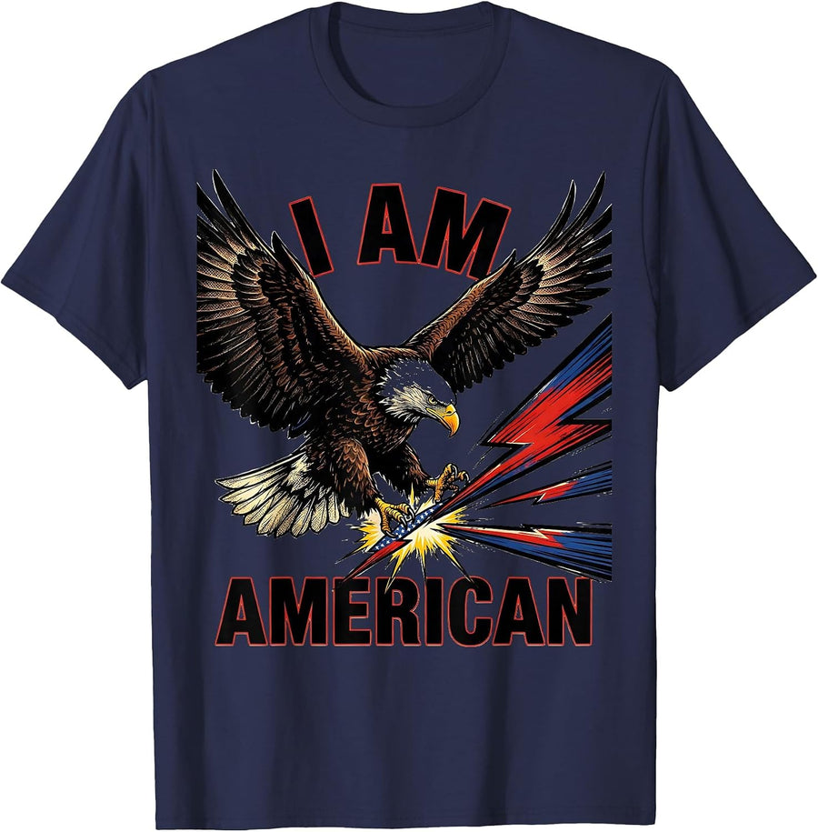I Am American Comic Book Patriotic Eagle Flag Design T-Shirt - Navy Blue