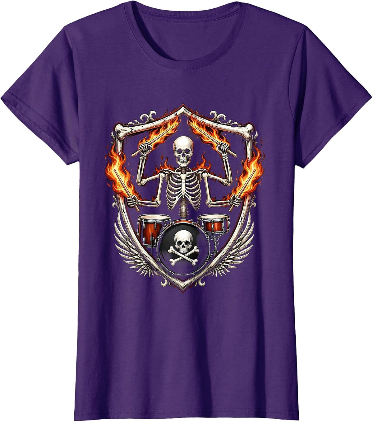 Women's Skeleton Drummer Flaming Drumsticks Metal Band Graphic T-Shirt - Purple