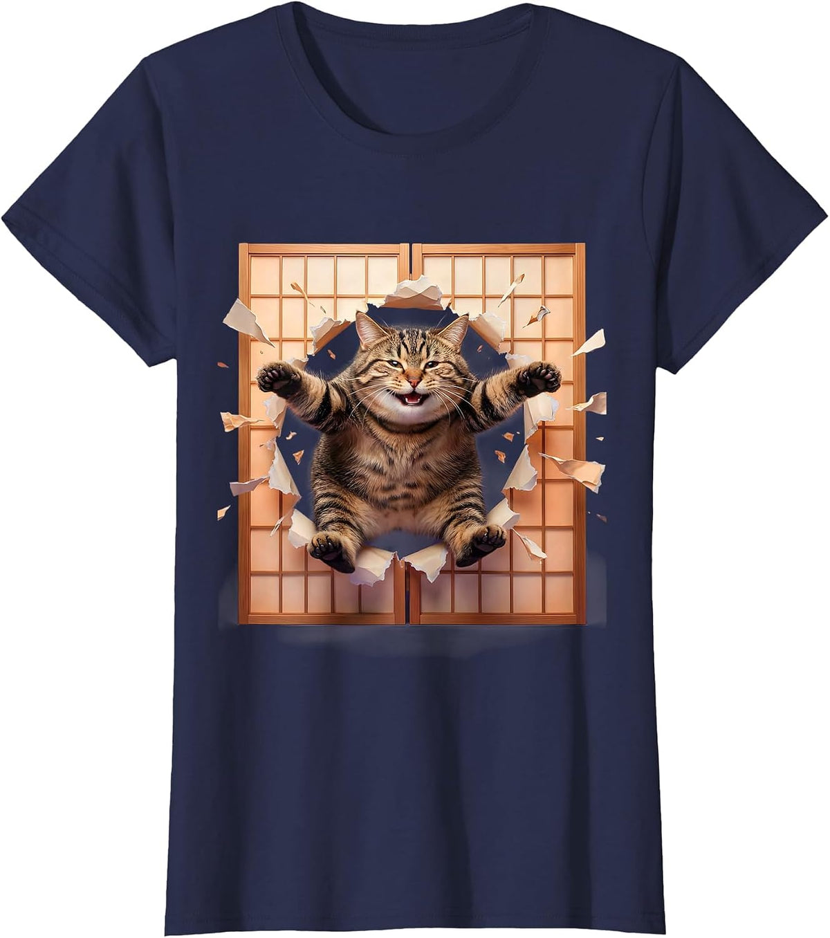 Women's Tabby Cat Leaping Through Shoji Screen T-Shirt - Navy Blue