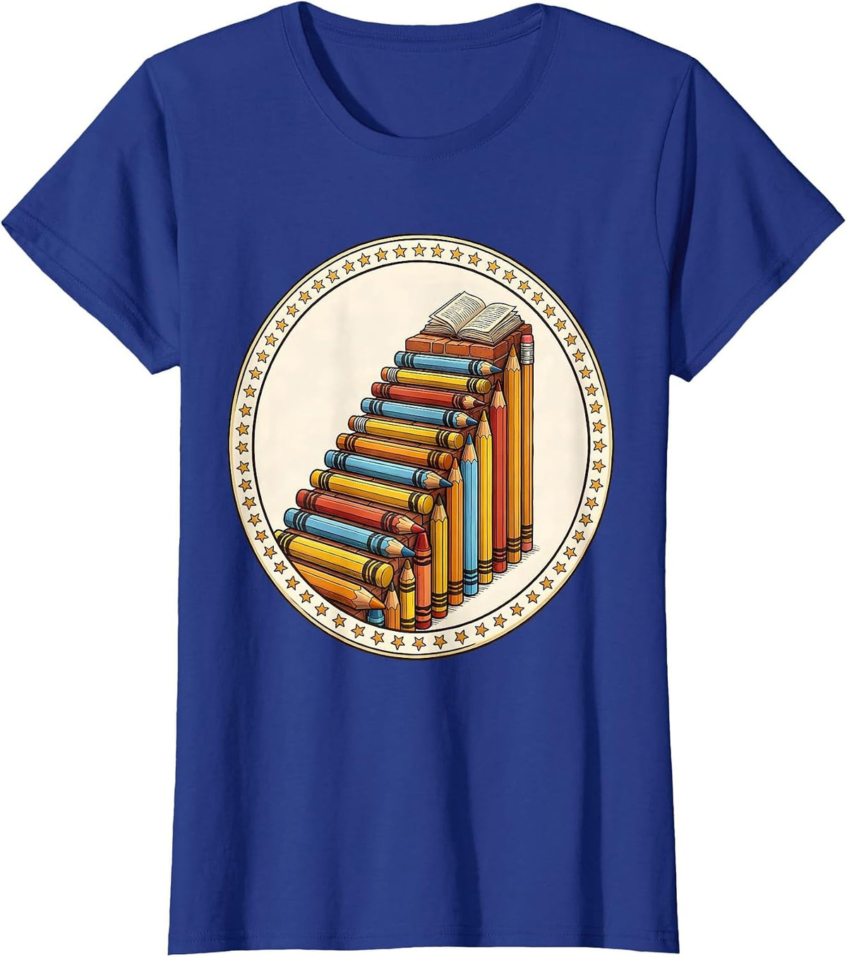 Women's Special Education Crayon Pencil Staircase Design T-Shirt - Royal Blue