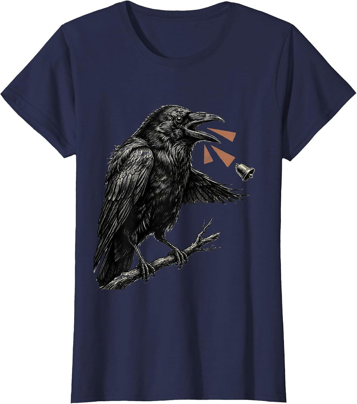 Women's Crow Perched Bird Lover Dark Humor Gothic Illustration T-Shirt - Navy Blue