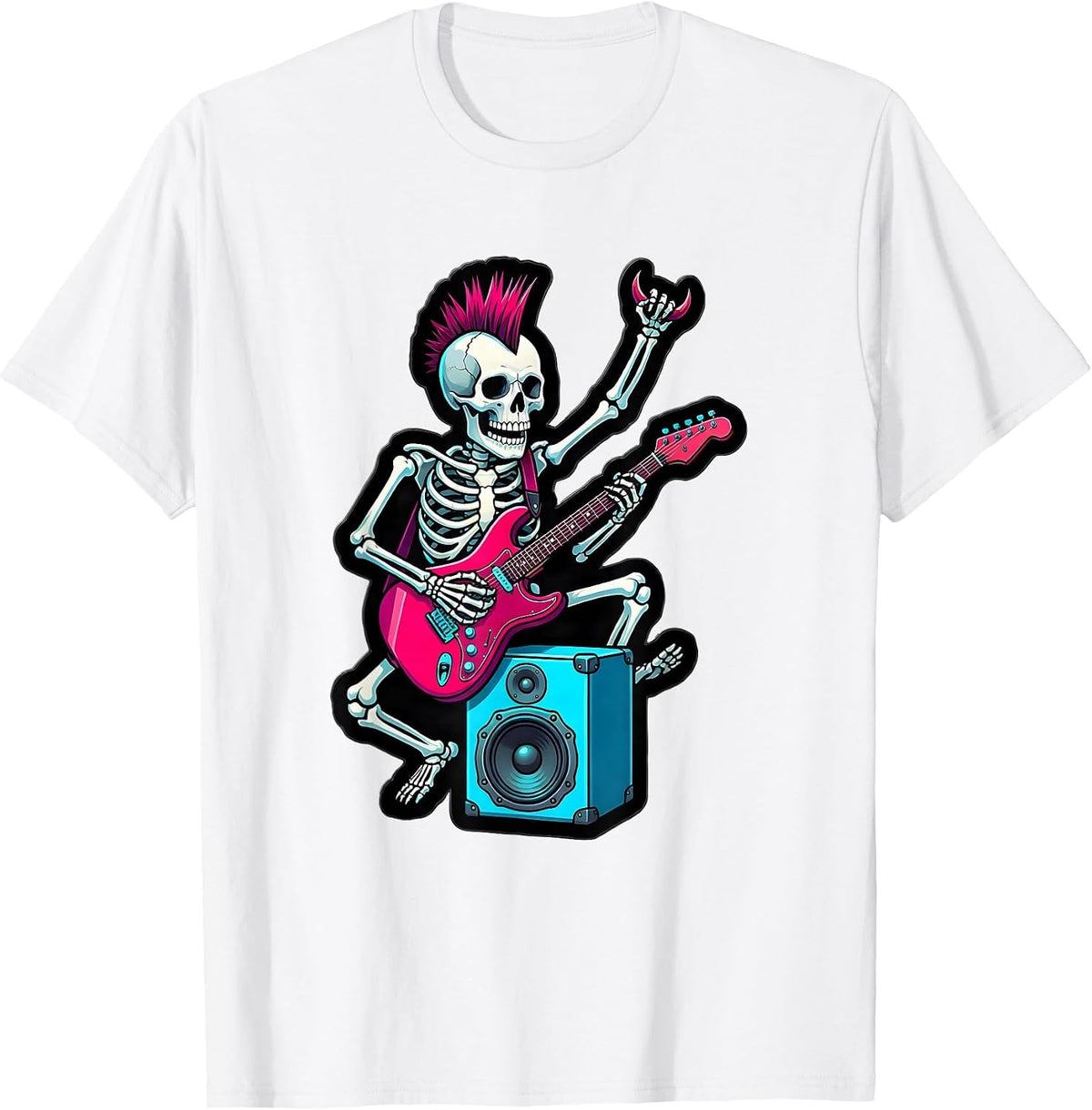 Men's Punk Skeleton Skull Guitar Rock Music Halloween Kids T-Shirt - White