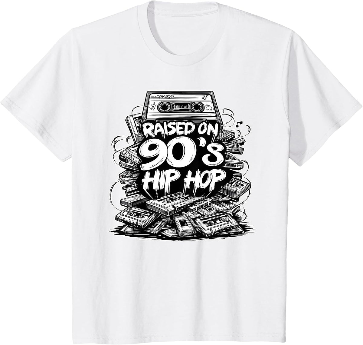 Raised ON 90s Hip HOP Cassette Tape Graffiti Rap T-Shirt - White