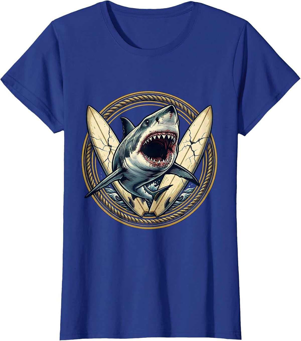 Women's Shark Bursting Through Vintage Surfboard Graphic T-Shirt - Royal Blue