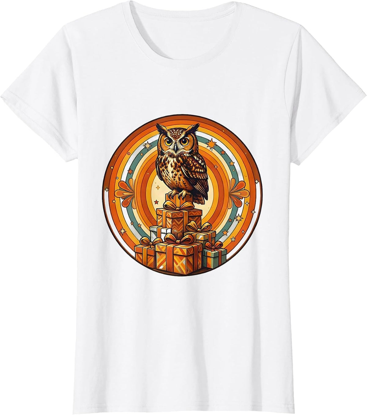 Women's Owl on Birthday Gifts Stack Illustration T-Shirt - White