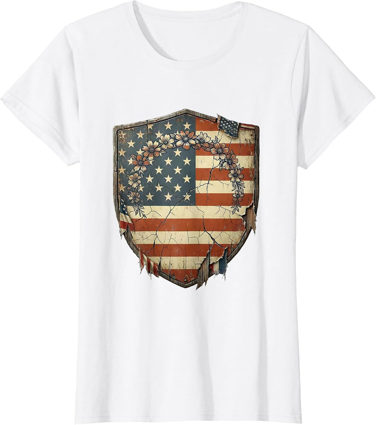 Red White and Blue Flower Crown Girl Design T-Shirt - White