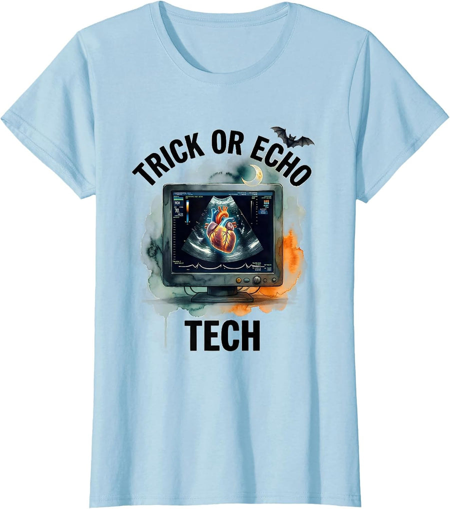 Women's Trick Or Echo Tech Watercolor Halloween Radiology Tech Humor T-Shirt - Baby Blue
