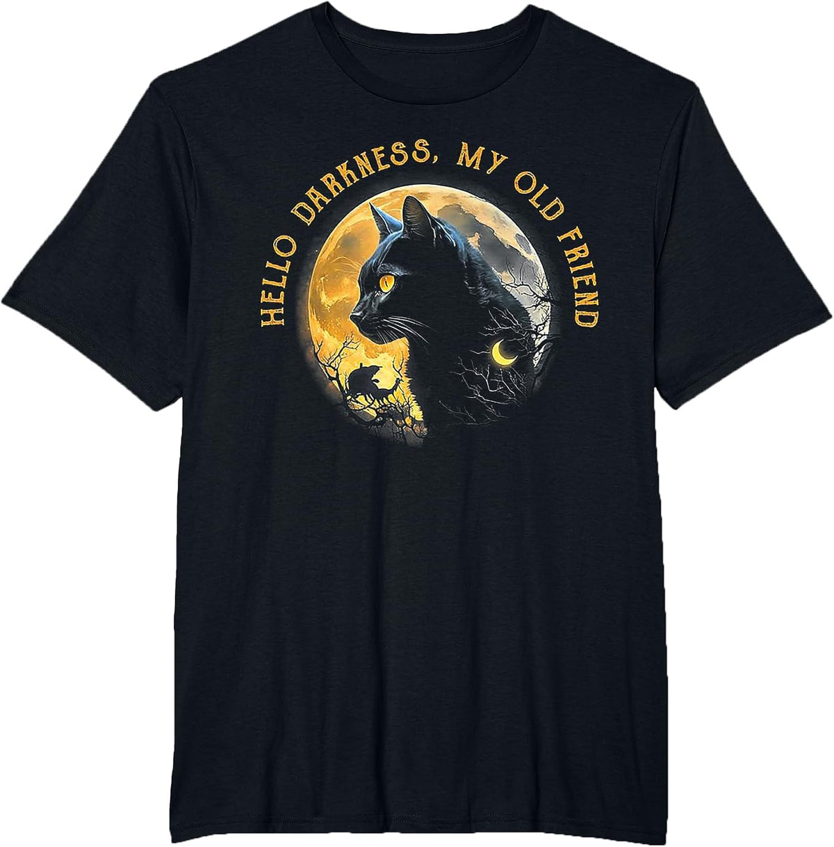 Hello Darkness My Old Friend Funny Cat Moon T-Shirt - Black