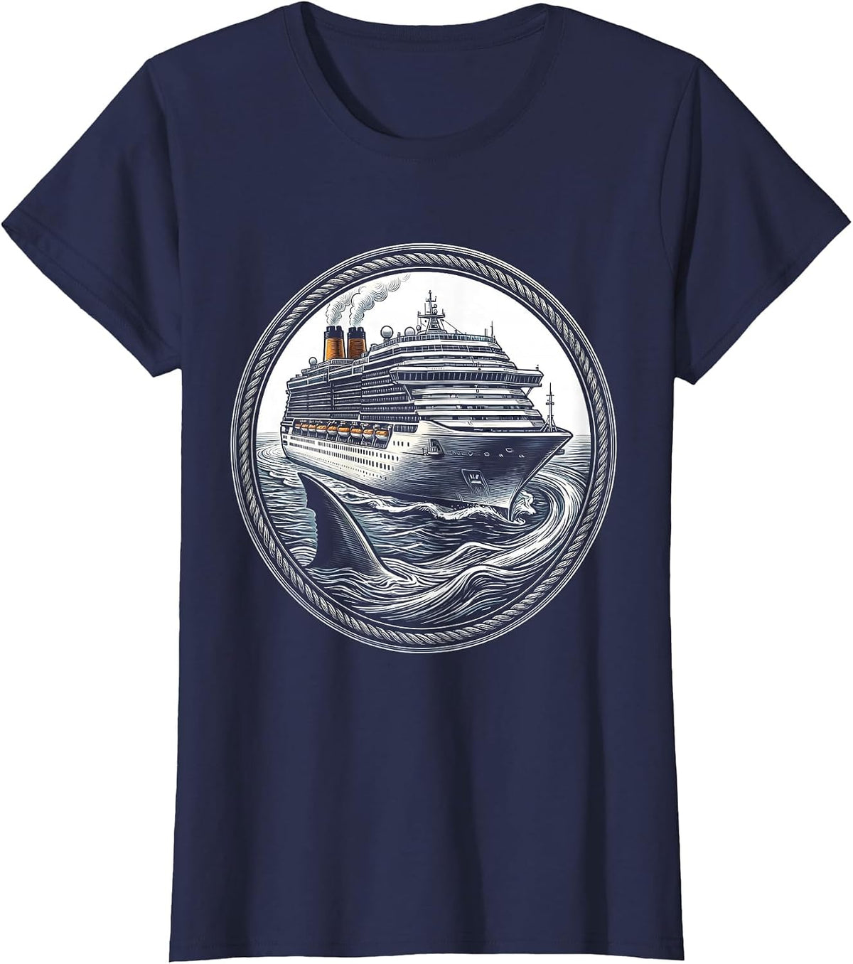 Women's Shark Fin Circling Luxury Cruise Ship T-Shirt - Navy Blue