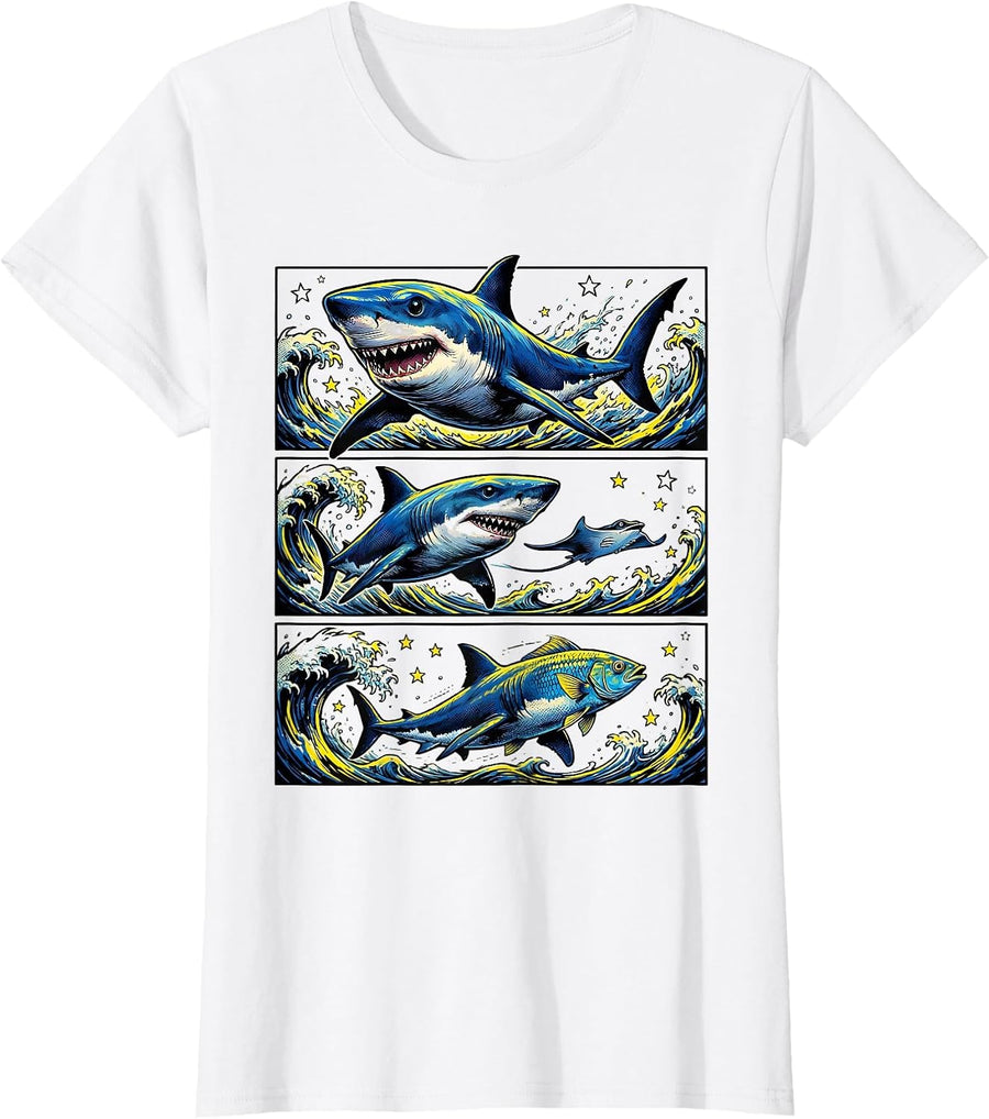 Women's Comic Blue Shark Parade Ocean Wildlife Humor T-Shirt - White